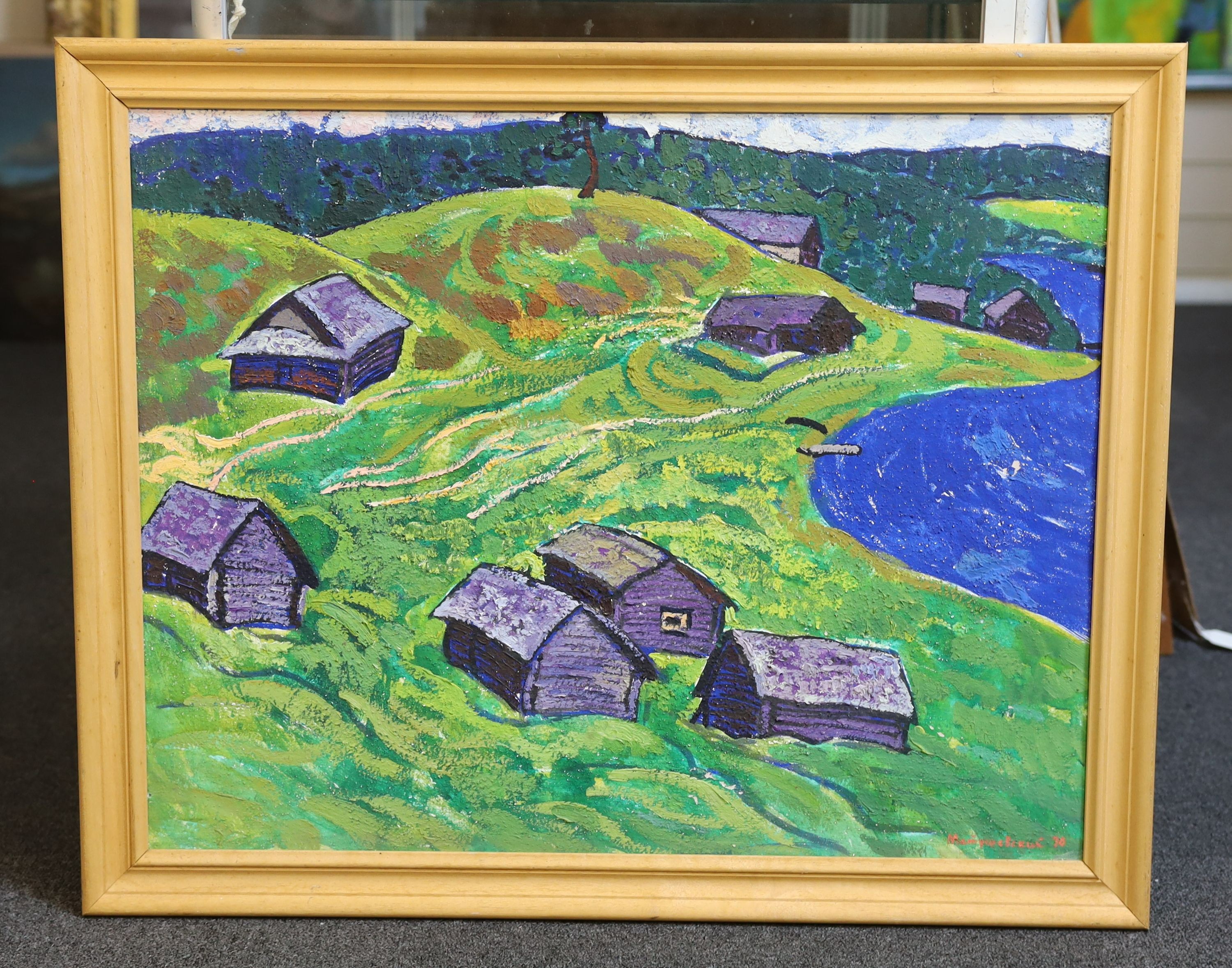 Yuri Matushevski (Russian, 1930-1999), Hillside houses in summer, oil on card, 54 x 69cm